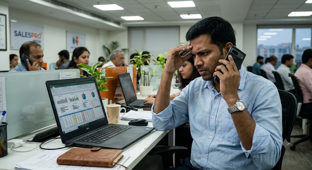Exhasuted Cold calling employee in a office